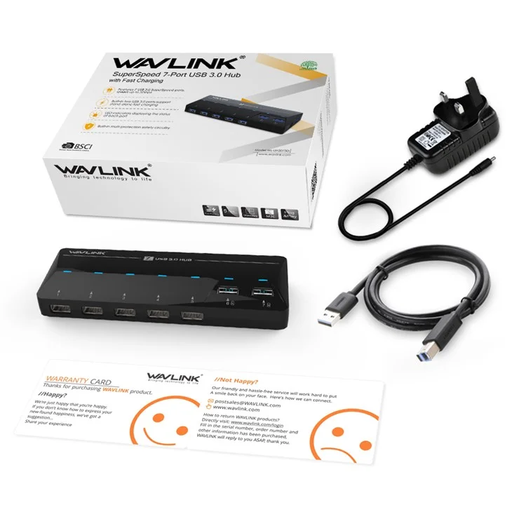 WAVLINK WS-UH3073D Portable 7 USB 3.0 Ports Hub with 5V/4A Power Adapter - UK Plug