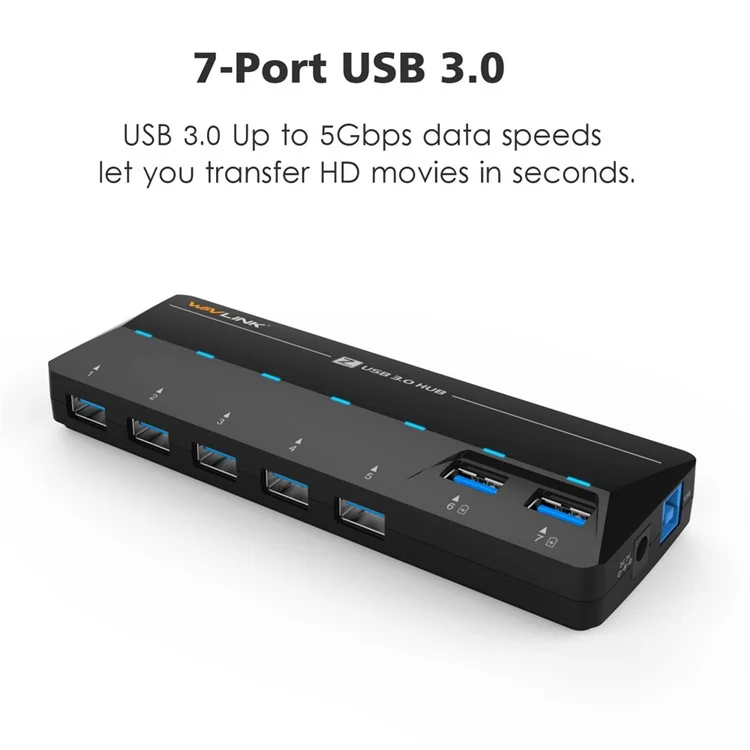 WAVLINK WS-UH3073D Portable 7 USB 3.0 Ports Hub with 5V/4A Power Adapter - UK Plug
