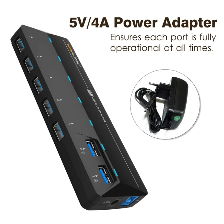 WAVLINK WS-UH3073D Portable 7 USB 3.0 Ports Hub with 5V/4A Power Adapter - UK Plug