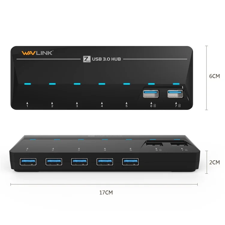 WAVLINK WS-UH3073D Portable 7 USB 3.0 Ports Hub with 5V/4A Power Adapter - UK Plug