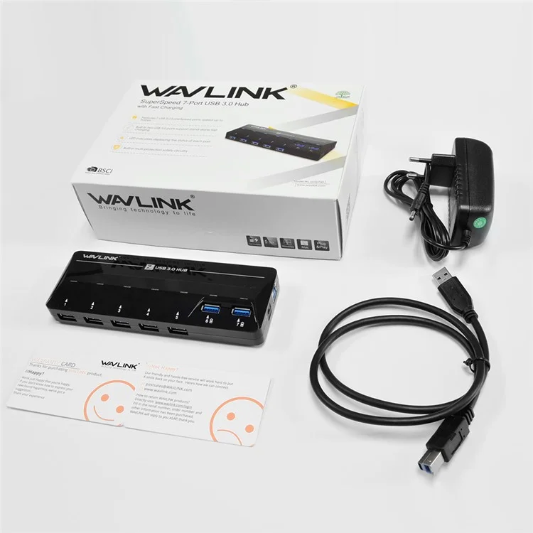WAVLINK WS-UH3073D Portable 7 USB 3.0 Ports Hub with 5V/4A Power Adapter - UK Plug