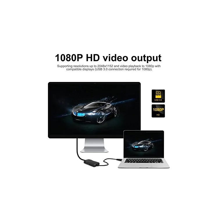 Adaptateur Graphique Vidéo WavLink USB 3.0 Pour Multi Monitor Jusqu'à 2048x1152 Vidéo Externe Adaptateur De Carte Vidéo Afficher Le Support De Projecteur Windows 10/8 / 7 / XP-Noir