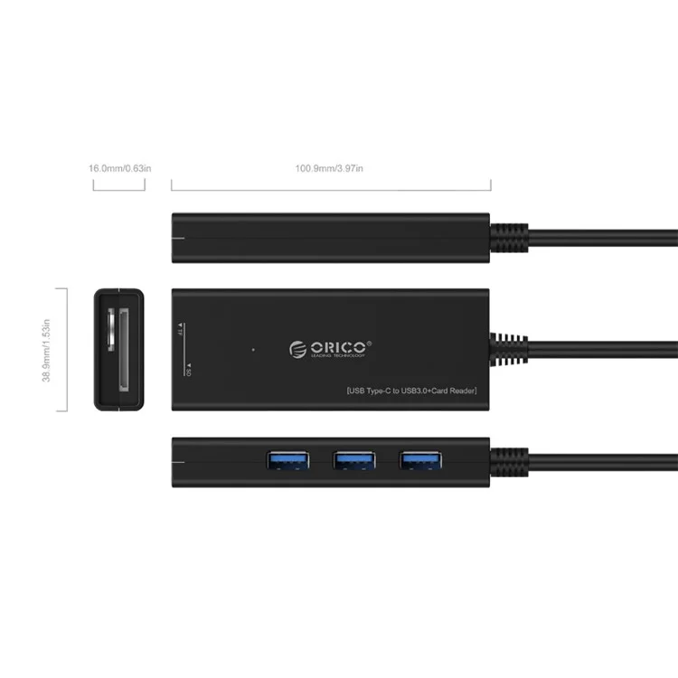 ORICO CH3SF Type-C Male to 3 USB 3.0 Ports + TF / SD Card Reader Hub - Black