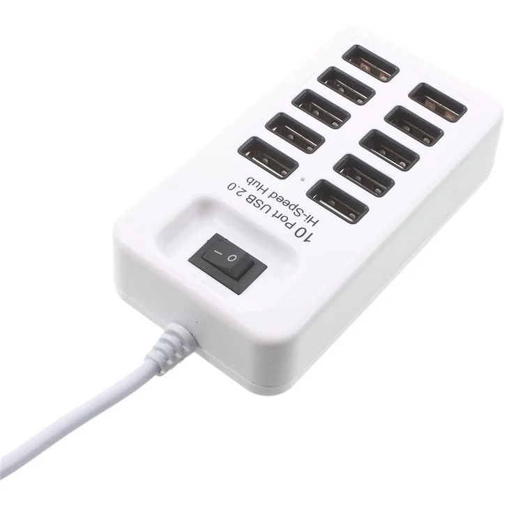 480Mbps High Speed 10-Port USB 2.0 Extender Hub with 1m Cable and Power Switch - White