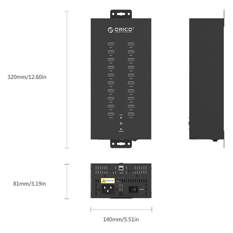 ORICO CE/FCC/RoHS Industrial 150W Charge/Data Mode 20-Port USB2.0 Hub (IH20P) - US Plug
