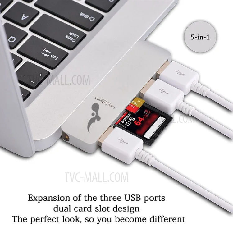 Type-C to 3xUSB 3.0 + SD Card Port + Micro SD Port Adapter Converter 5-in-1 USB Type-C Hub for MacBook etc. - White