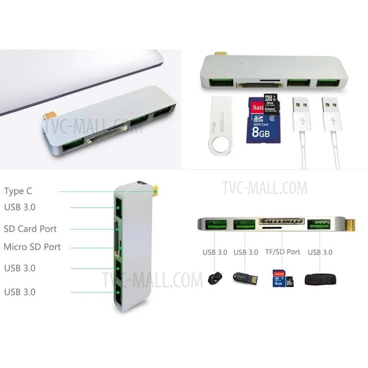 Type-C to 3xUSB 3.0 + SD Card Port + Micro SD Port Adapter Converter 5-in-1 USB Type-C Hub for MacBook etc. - White