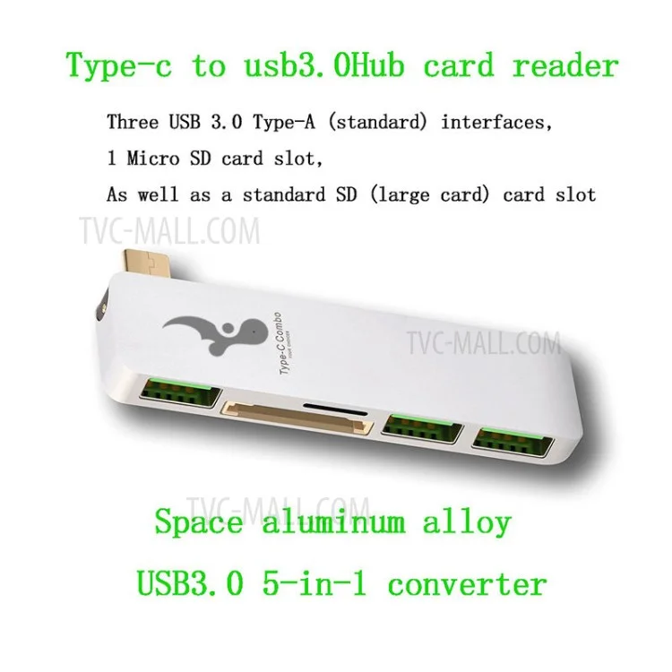 Type-C to 3xUSB 3.0 + SD Card Port + Micro SD Port Adapter Converter 5-in-1 USB Type-C Hub for MacBook etc. - White