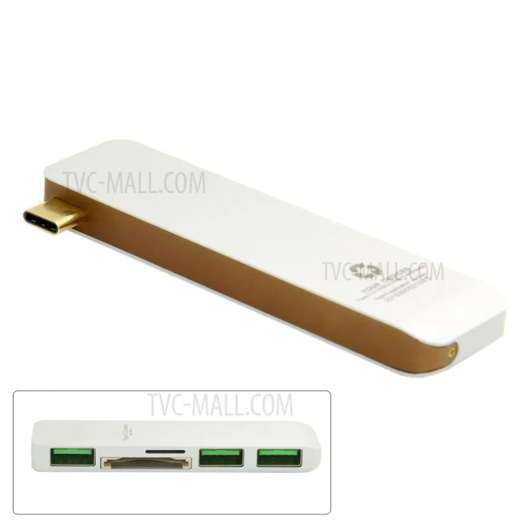 Type-C to 3xUSB 3.0 + SD Card Port + Micro SD Port Adapter Converter 5-in-1 USB Type-C Hub for MacBook etc. - White