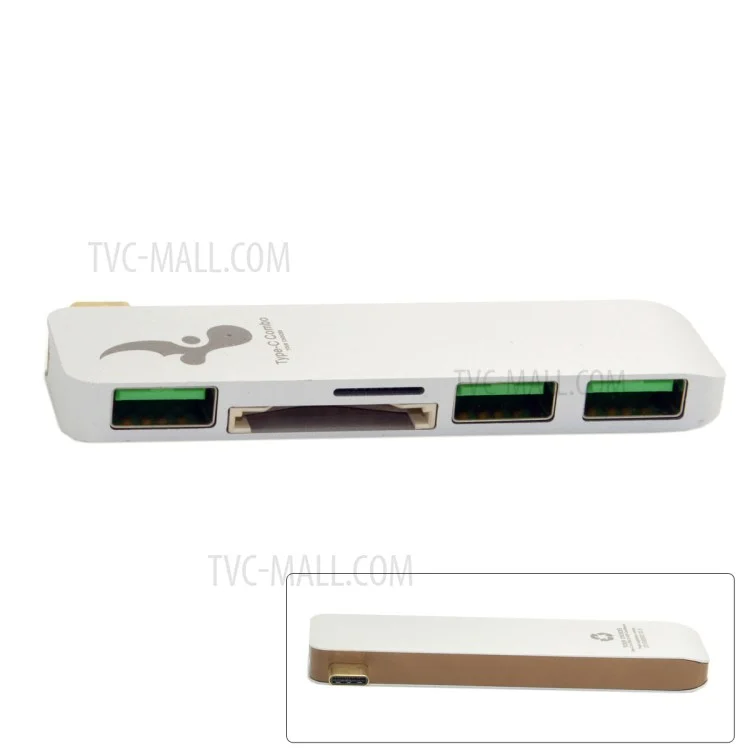 Type-C to 3xUSB 3.0 + SD Card Port + Micro SD Port Adapter Converter 5-in-1 USB Type-C Hub for MacBook etc. - White