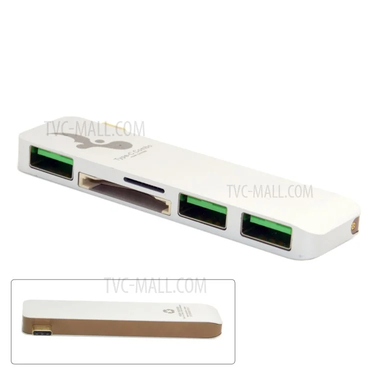 Type-C to 3xUSB 3.0 + SD Card Port + Micro SD Port Adapter Converter 5-in-1 USB Type-C Hub for MacBook etc. - White