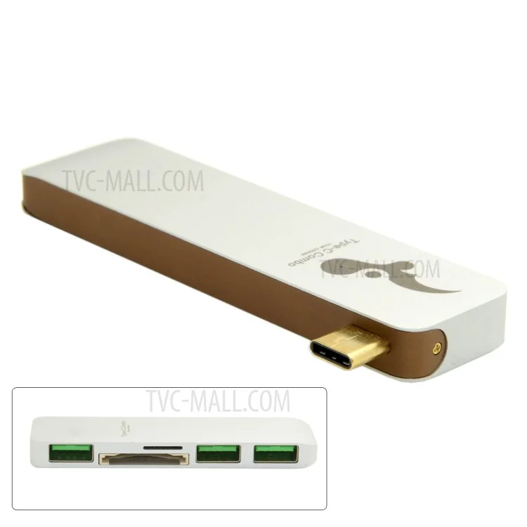 Type-C to 3xUSB 3.0 + SD Card Port + Micro SD Port Adapter Converter 5-in-1 USB Type-C Hub for MacBook etc. - White