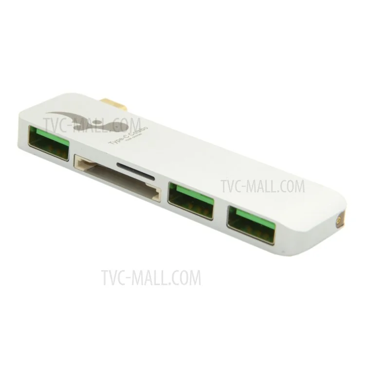 Type-C to 3xUSB 3.0 + SD Card Port + Micro SD Port Adapter Converter 5-in-1 USB Type-C Hub for MacBook etc. - White