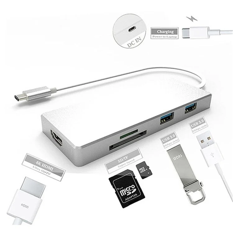 Type-C to HDMI and 3*USB 3.0 HUB and TF / SD Card Reader USB Hub for Macbook Pro PC
