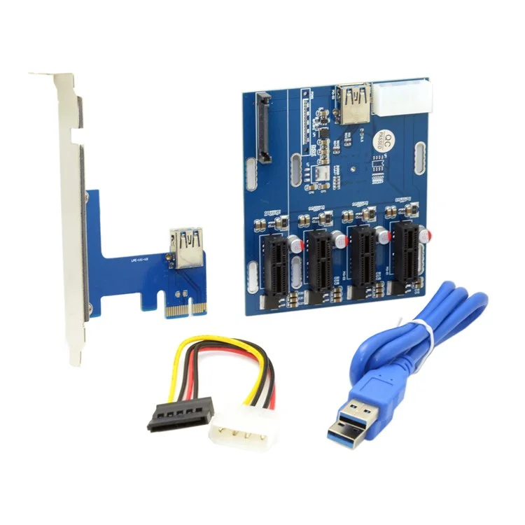 PCI-e Express 1x to 4 Port 1x Switch Multiplier Splitter Hub Riser Card with USB 3.0 Cable