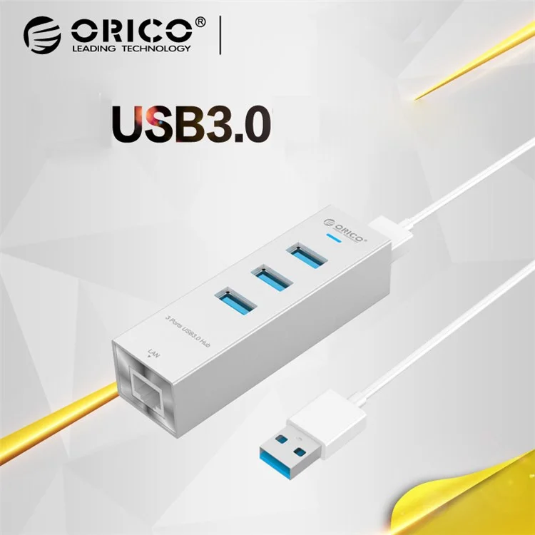 ORICO ASH3L-U3-SV Aluminum 3 USB3.0 Ports Hub with a RJ45 Ethernet Port for Laptop, Desktop and Other Devices