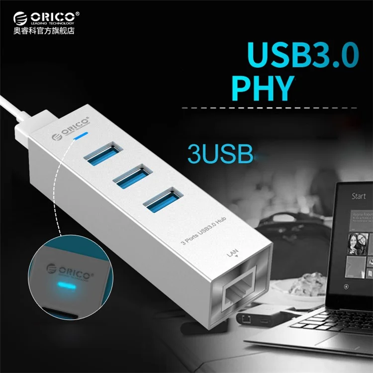 ORICO ASH3L-U3-SV Aluminum 3 USB3.0 Ports Hub with a RJ45 Ethernet Port for Laptop, Desktop and Other Devices