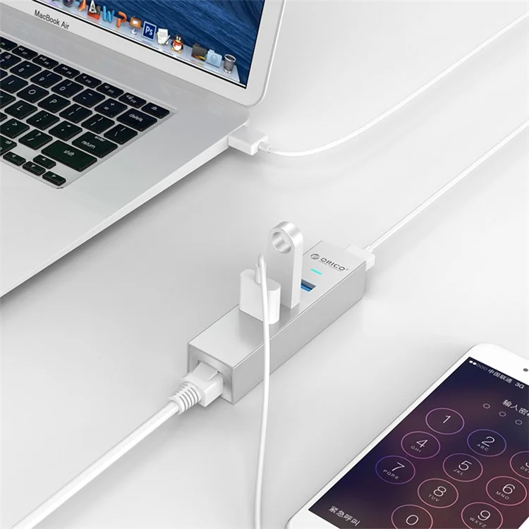 ORICO ASH3L-U3-SV Aluminum 3 USB3.0 Ports Hub with a RJ45 Ethernet Port for Laptop, Desktop and Other Devices