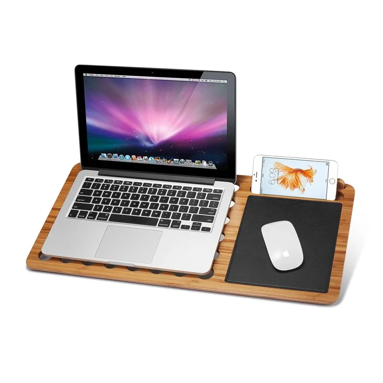 Bamboo 13 Inch Laptop Table Stand Built-in Mouse Pad Cellphone Holder