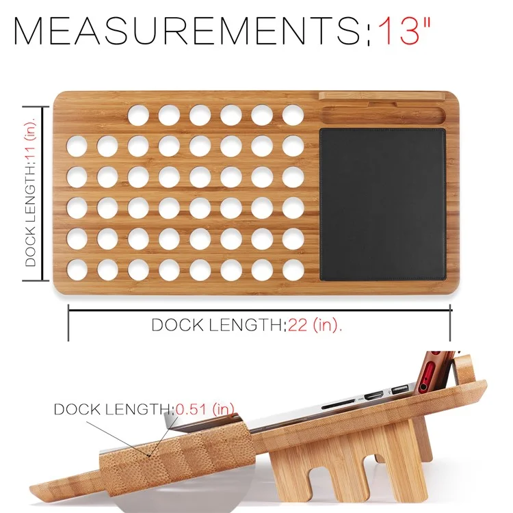 Bamboo 13 Inch Laptop Table Stand Built-in Mouse Pad Cellphone Holder