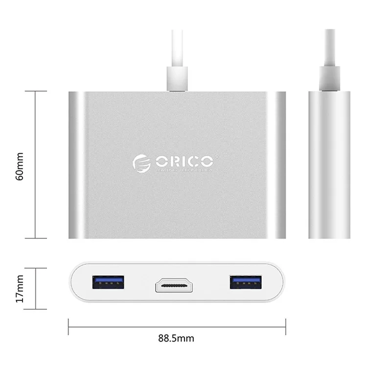 ORICO Aluminum Hub with Type-C to HDMI Converter with 3 USB3.0 Ports (RCH3A) - Silver Color
