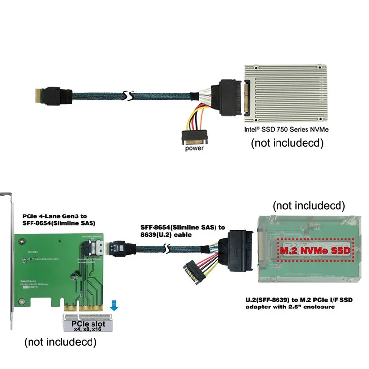 Cable U.2 U2 SFF-8639 a Slim SAS SFF-8654 4i NVME PCIe SSD para placa base Intel SSD 750 p3600 p3700 M.2