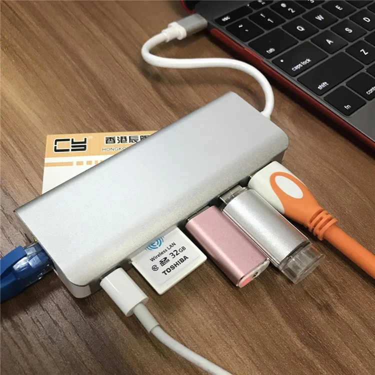UC-034 Type-C to Gigabit Ethernet LAN Port + 2 USB 3.0 Ports + HDMI Port + SD Card Port Converter Adapter for PC Laptop & Macbook