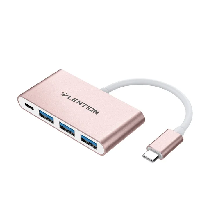 LENTION C13S Type C to 3 USB 3.0 Ports + Type C Power Delivery Converter - Rose Gold Color
