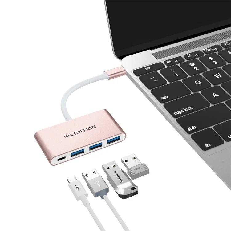 LENTION C13S Type C to 3 USB 3.0 Ports + Type C Power Delivery Converter - Rose Gold Color