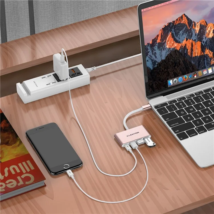 LENTION C13S Type C to 3 USB 3.0 Ports + Type C Power Delivery Converter - Rose Gold Color