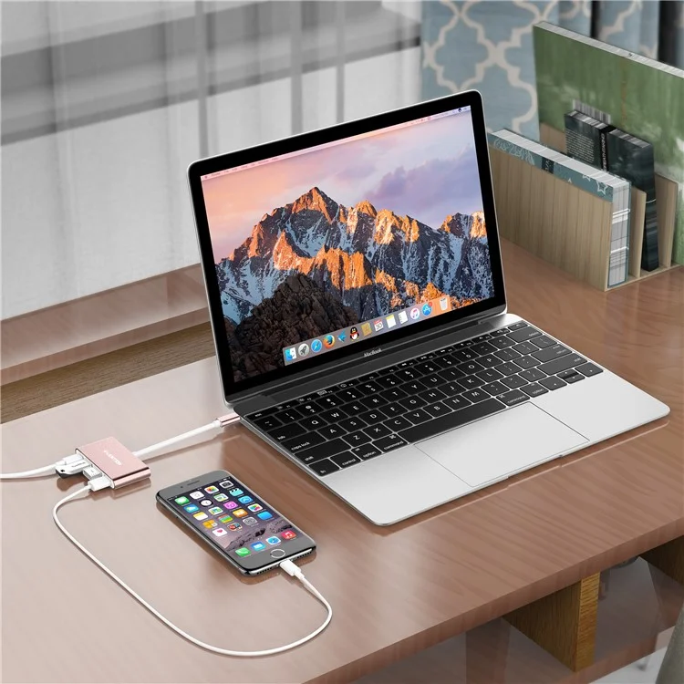 LENTION C13S Type C to 3 USB 3.0 Ports + Type C Power Delivery Converter - Rose Gold Color