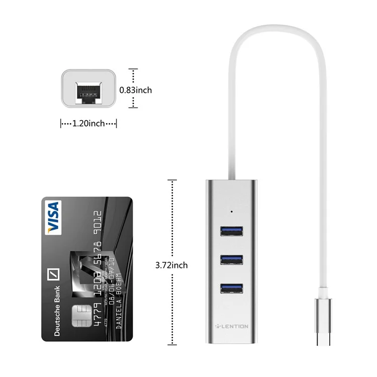 LENTION C22 Type C to 3-Port USB 3.0 + One RJ45 Port Converter Adapter - Silver Color