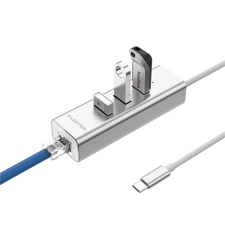 LENTION C22 Type C to 3-Port USB 3.0 + One RJ45 Port Converter Adapter - Silver Color