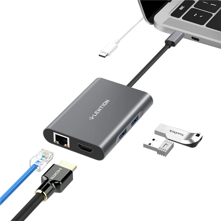 LENTION C56EH USB-C Digital AV Multi-port Adapter with 4K HDM/USB 3.0/Gigabit Ethernet and Power Delivery - Grey