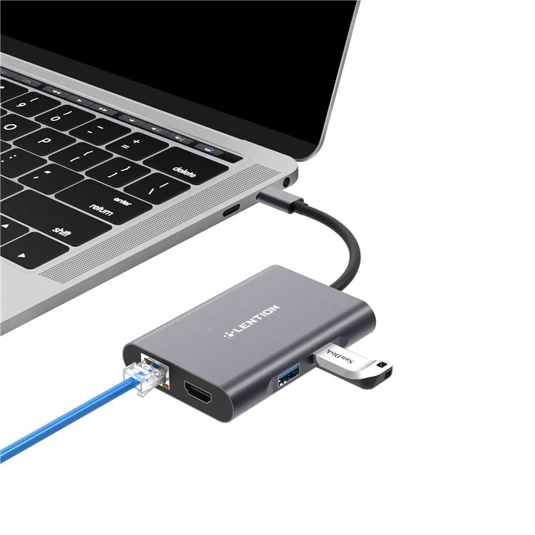 LENTION C56EH USB-C Digital AV Multi-port Adapter with 4K HDM/USB 3.0/Gigabit Ethernet and Power Delivery - Grey