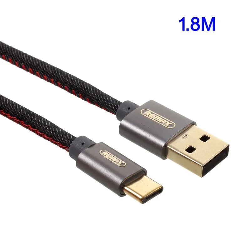 REMAX 1.8m Jean Cloth Texture Type-C Data Sync Charging USB Cable for Samsung Note 8/S8 Etc. - Black