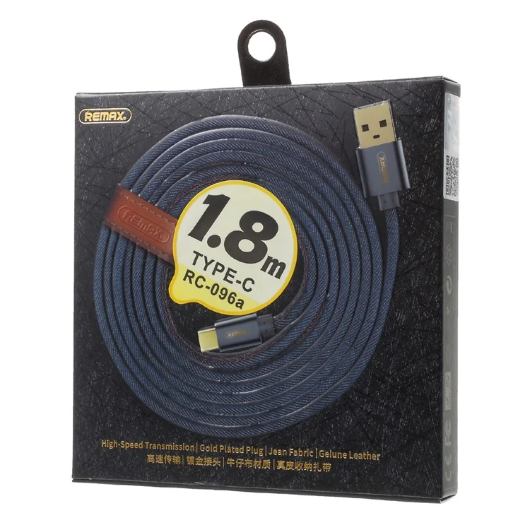 REMAX 1.8m Jean Cloth Texture Type-C Data Sync Charging USB Cable for Samsung Note 8/S8 Etc. - Black