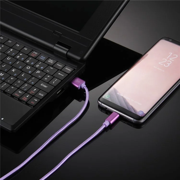 Cabo de dados e carregamento reversível USB Tipo-C com textura trançada de 1m para iPhone série 15, Samsung Note 8/S8/S8 Plus, etc. - Roxo