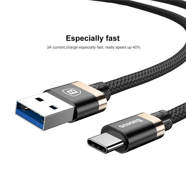BASEUS Gold Coloren Belt Series 3A 1M USB 3.0-A to Type C Data Sync and Charge Cable for Samsung Note 8/S8/S8 Plus etc. - Gold Color / Black