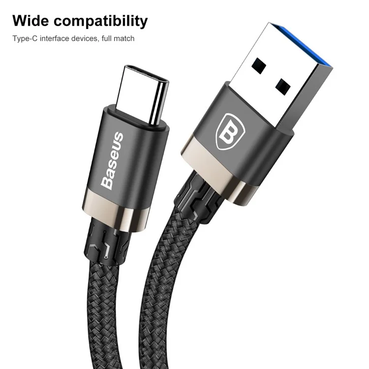 BASEUS Gold Coloren Belt Series 3A 1M USB 3.0-A to Type C Data Sync and Charge Cable for Samsung Note 8/S8/S8 Plus etc. - Gold Color / Black