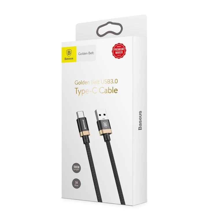 BASEUS Gold Coloren Belt Series 3A 1M USB 3.0-A to Type C Data Sync and Charge Cable for Samsung Note 8/S8/S8 Plus etc. - Gold Color / Black