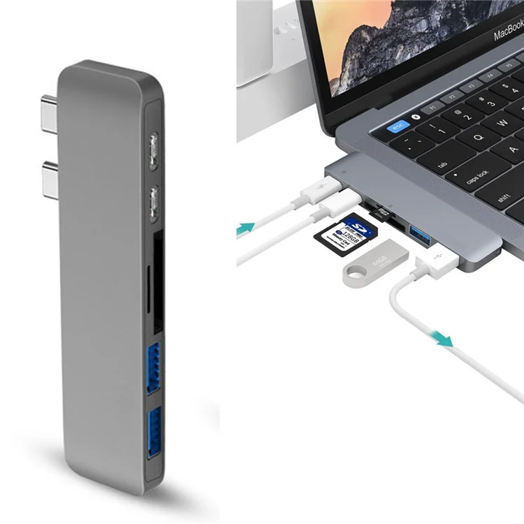 6 in 1 Dual Type C Hub Adapter SD/TF Card Reader with 2 USB 3.0 Ports for MacBook Pro 13" & 15" 2016/2017 - Grey