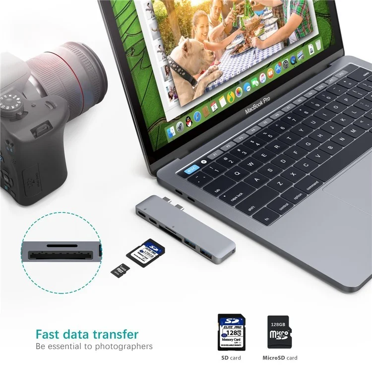6 in 1 Dual Type C Hub Adapter SD/TF Card Reader with 2 USB 3.0 Ports for MacBook Pro 13" & 15" 2016/2017 - Grey