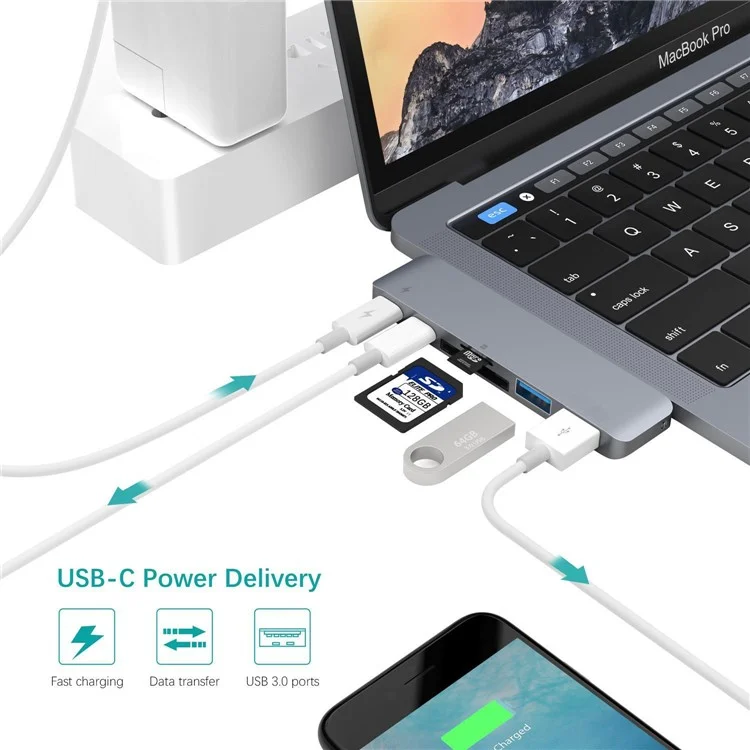 6 in 1 Dual Type C Hub Adapter SD/TF Card Reader with 2 USB 3.0 Ports for MacBook Pro 13" & 15" 2016/2017 - Grey