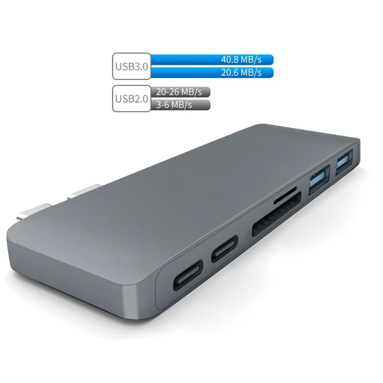 6 in 1 Adattatore Hub Dual Type-C Lettore di Schede SD/TF Con 2 Porte di Ricarica Rapida PD 2 Porte USB 3.0 Per MacBook Pro 13 " & 15 "2016/2017 - Grigio