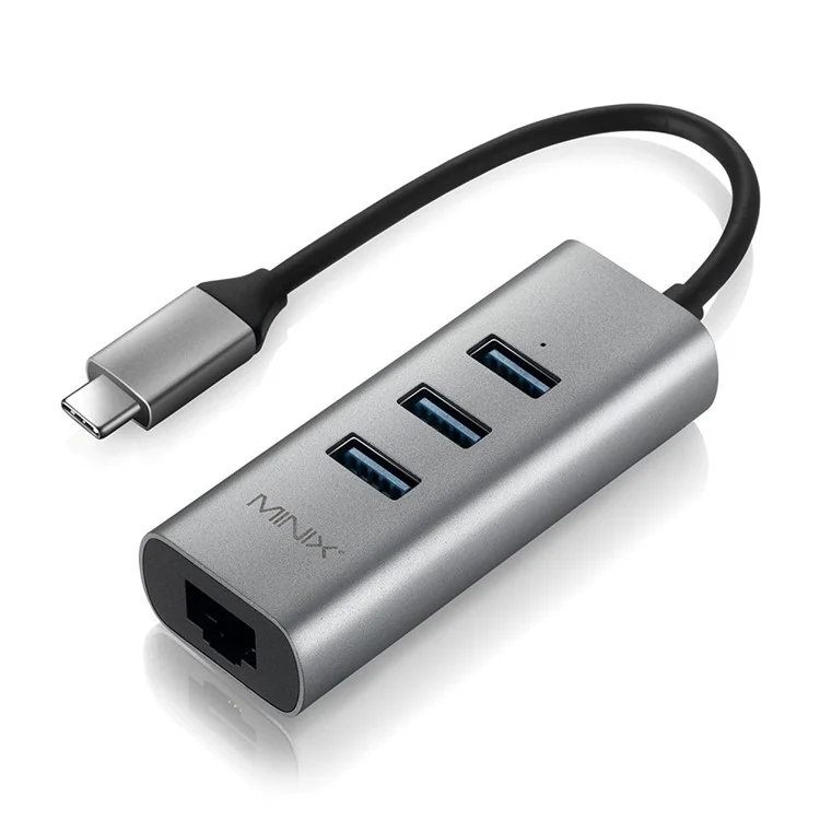 MINIX NEO C-UE Aluminium USB-C to 3-Port USB 3.0 and Gigabit Ethernet Adapter - Black