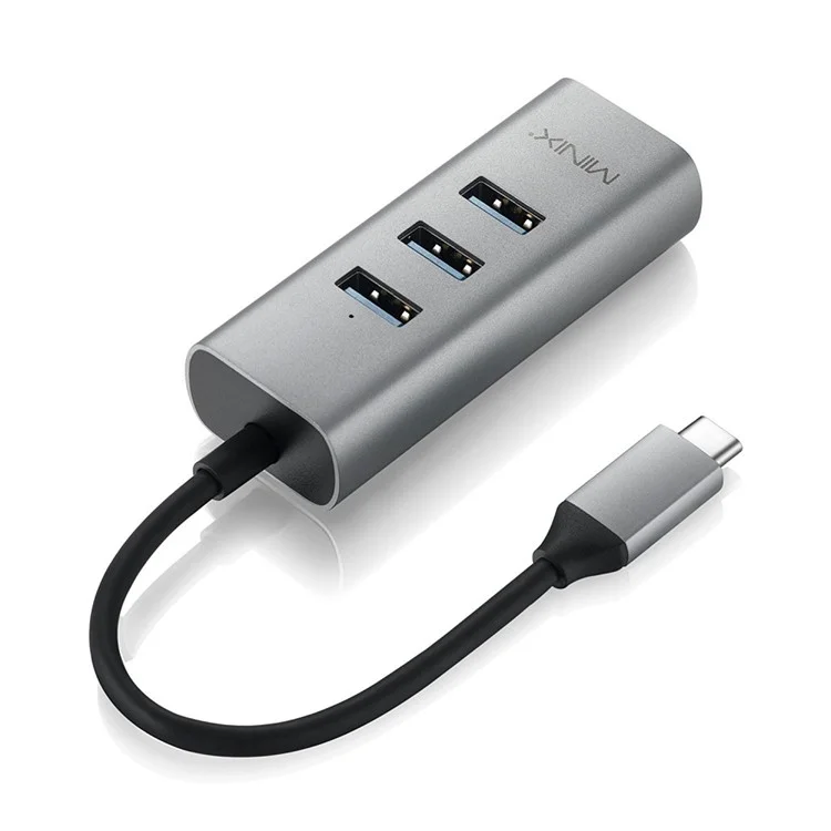 MINIX NEO C-UE Aluminium USB-C to 3-Port USB 3.0 and Gigabit Ethernet Adapter - Black