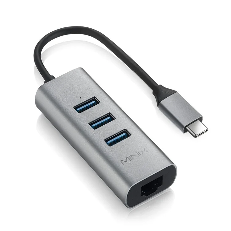 MINIX NEO C-UE Aluminium USB-C to 3-Port USB 3.0 and Gigabit Ethernet Adapter - Black