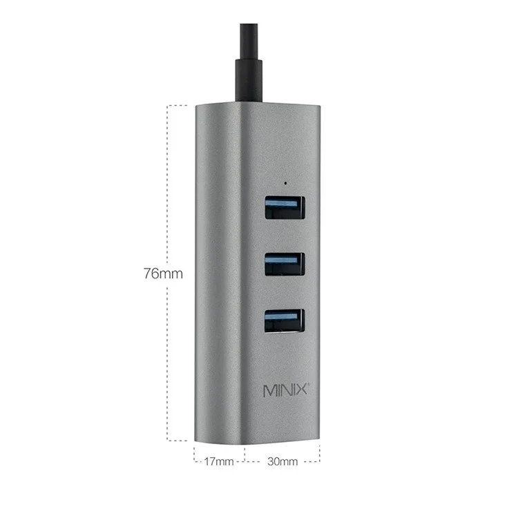 MINIX NEO C-UE Aluminium USB-C to 3-Port USB 3.0 and Gigabit Ethernet Adapter - Black