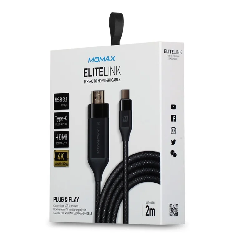 MOMAX Woven Texture USB-C USB 3.1 Type-C Male to HDMI Male 4K Ultra-HD Cable 2m - Black